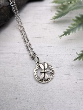 Antique Silver Dragonfly Pendant Necklace